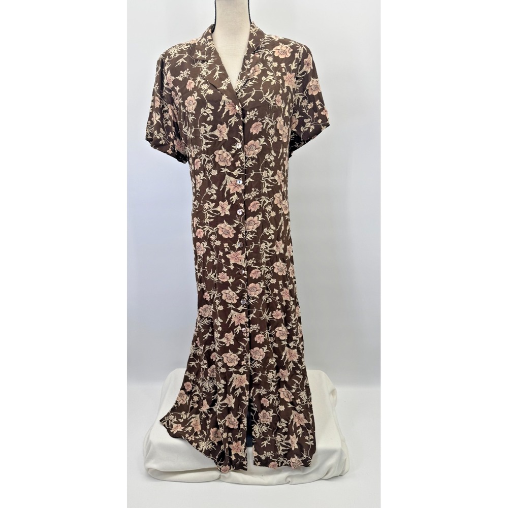 Vintage Charter Club Brown Pink Floral 100% Silk Button Down Maxi Shirt Dress 18
